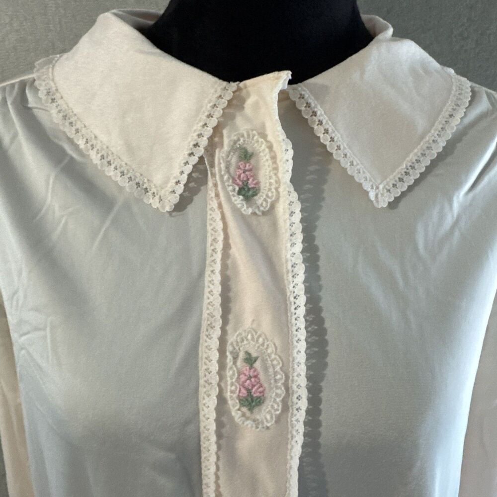 Vintage Shadowline Nightgown M Ivory Pink Floral Embroidered Lace Collar Maxi